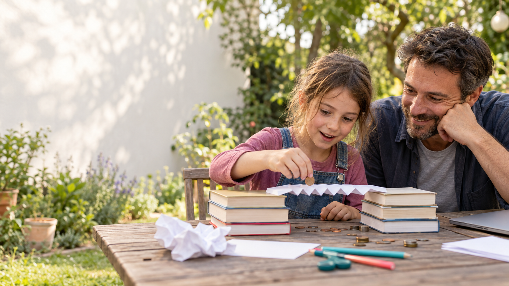 Vater und Tochter testen gemeinsam eine Papierbrücke im Garten